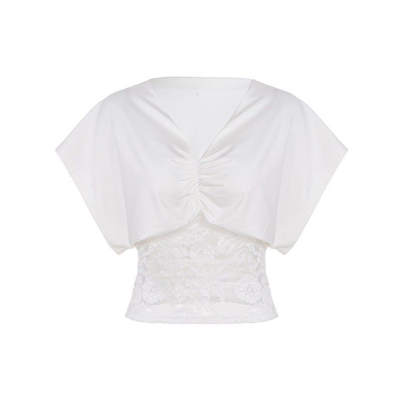 Damen elegantes Oberteil mit Spitze und Raffung Drune
