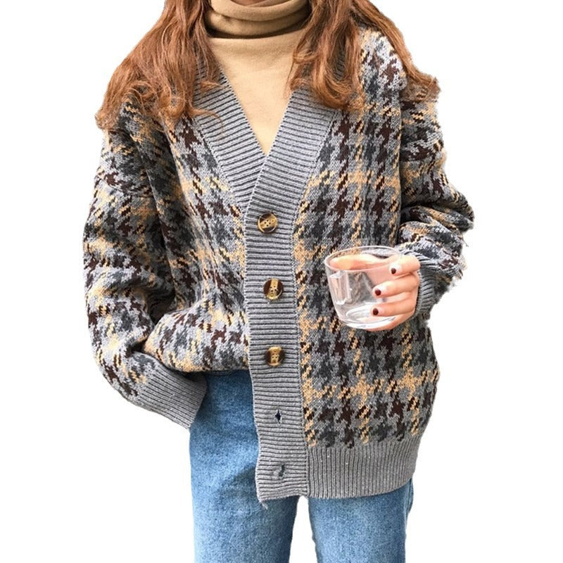 Damen Strickjacke im Hahnentritt-Design mit großen Holzknöpfen Drune