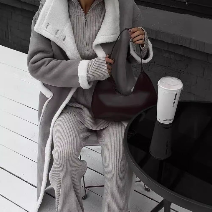 Damen Eleganter und warmer Fleece-Mantel mit oversized Schnitt und Knopfleiste Drune