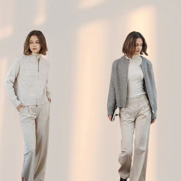 Damen lässiger Strickjacke mit hochgeschlossenem Reißverschluss und voluminösen Ärmeln Drune