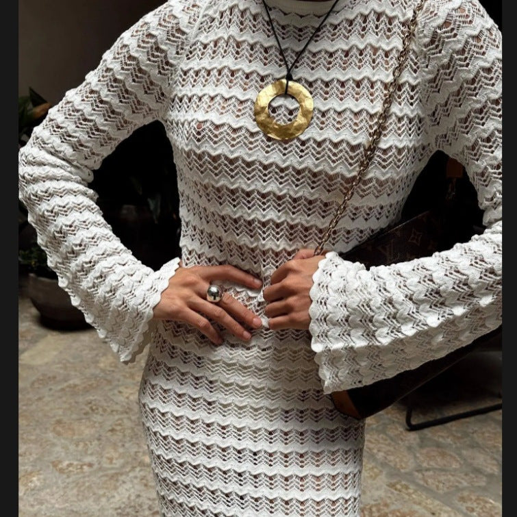 Damen Maxikleid aus durchbrochenem Gewebe mit weitem Arm Drune