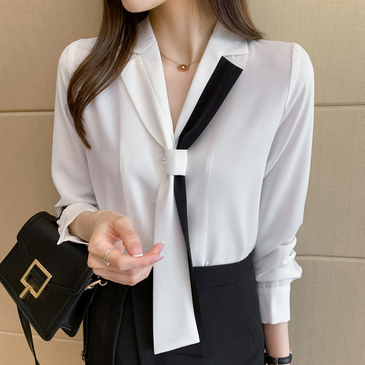 Damen Bluse mit elegantem Schleifenkragen und modernen Kontrasten Drune