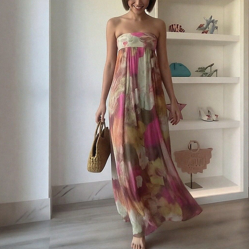 Damen Lange Strandkleid mit schulterfreiem Design und floralem Muster Drune