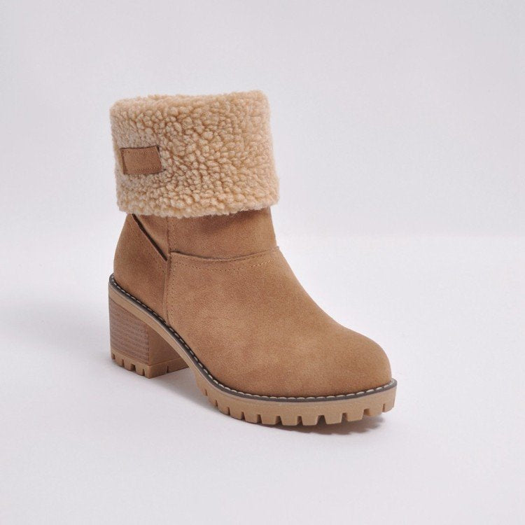 Damen nan gefütterte Kurzstiefelette mit Umschlag-Fellmanschette, Wildlederoptik und robuster Profilsohle Drune