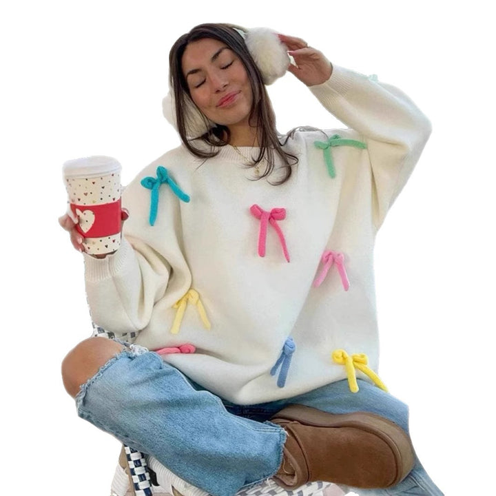 Damen kreative Strickpullover mit bunten Applikationen Drune