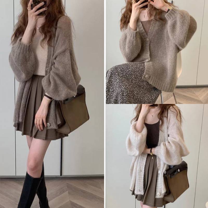 Damen Flauschiger Strickcardigan mit voluminösen Ärmeln und Knopfdetails Drune