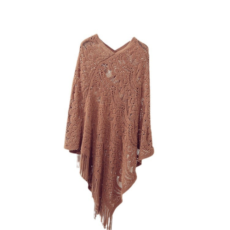 Damen Strickponcho mit auffälligem Häkelmuster und modischen Fransen Drune