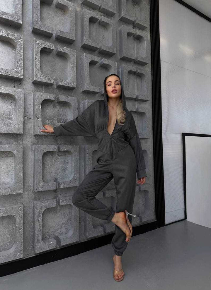 Damen Jumpsuit mit tiefem Ausschnitt und Kapuze Drune