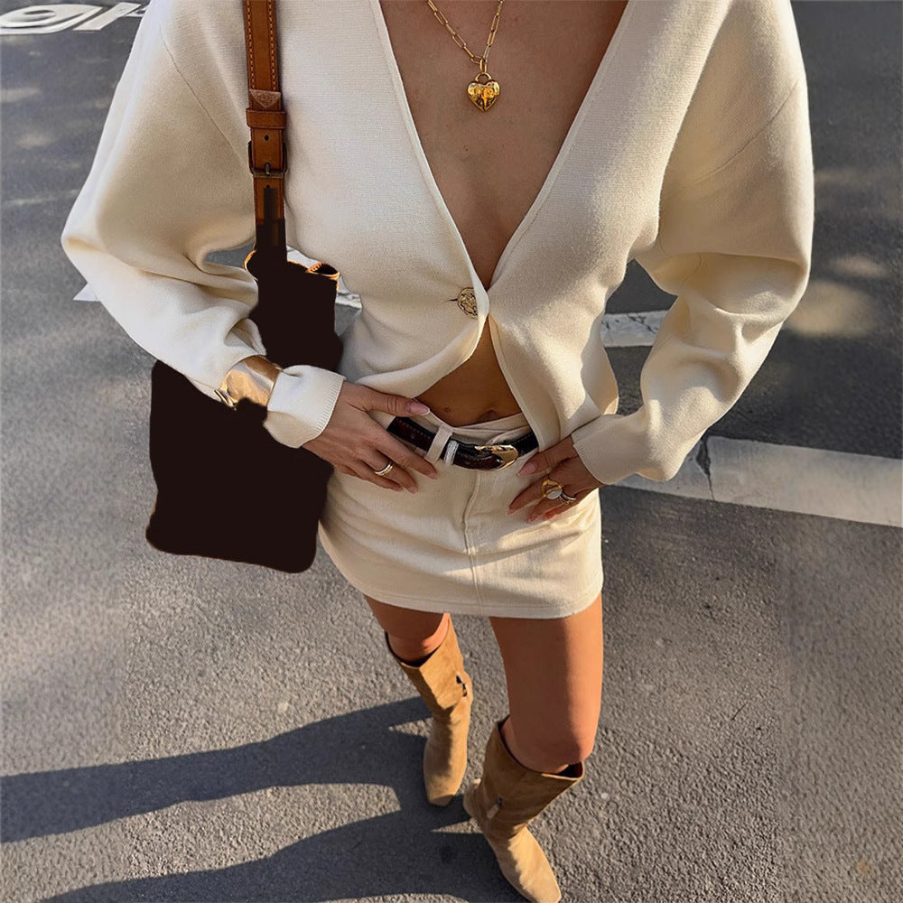 Damen modische Strickjacke mit knöpfbarem Design und weiten Ärmeln Drune