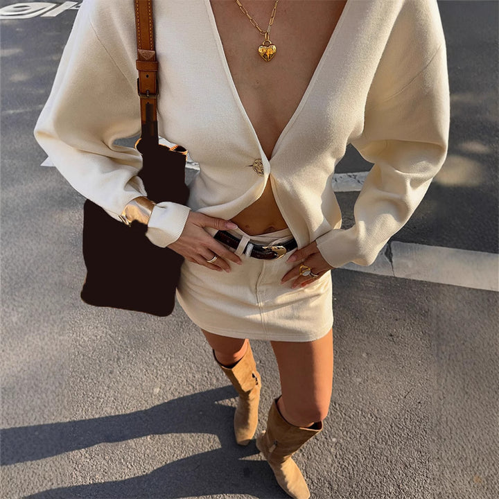 Damen modische Strickjacke mit knöpfbarem Design und weiten Ärmeln Drune
