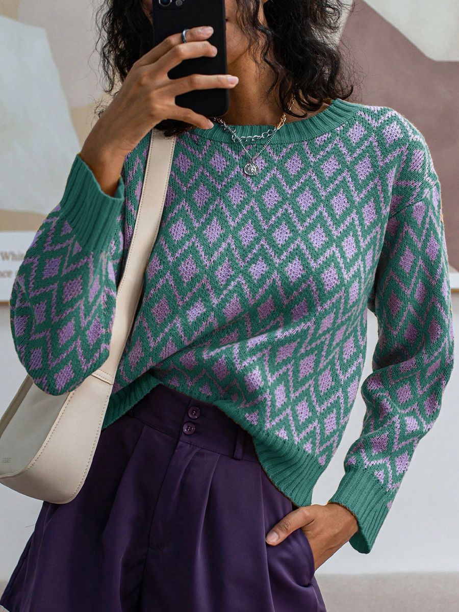 Damen lässiger Strickpullover mit geometrischem Muster Drune