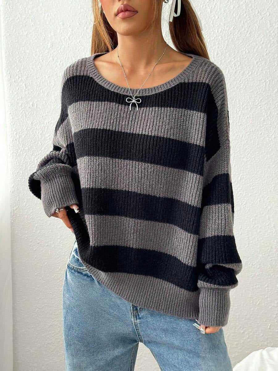Damen Großer Strickpullover mit lässigem Blockstreifenmuster und weit geschnittenem Rundhalsausschnitt Drune