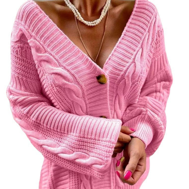 Damen Strickjacke mit tiefem V-Ausschnitt und einzigartigem Zopfdesign Drune