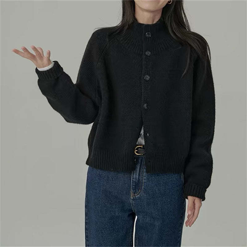 Damen knielange Strickjacke mit Stehkragen und modischen Holzknöpfen Drune
