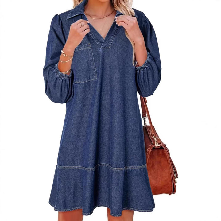 Damen Denim-Kleid mit voluminösen Ärmeln und seitlicher Tasche Drune