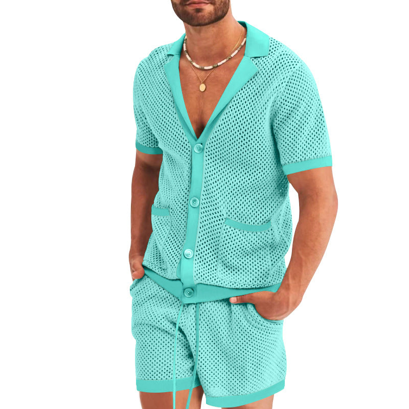 Herren nan offener Netzstrick-Cardigan mit passenden Kordelzug-Shorts Drune