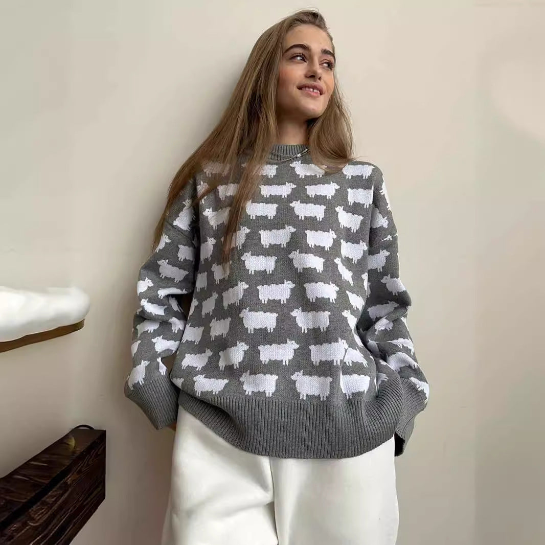 Damen Gemütlicher Pullover mit kreativem Schafe-Muster Drune