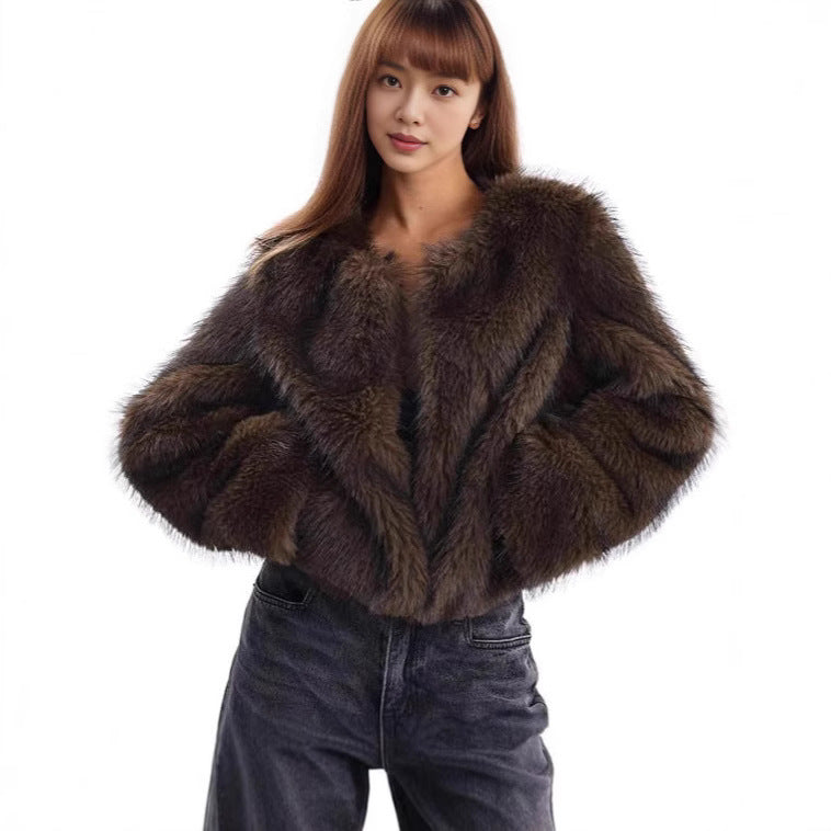 Damen Plush-Cropped-Jacke mit elegantem Fellbesatz Drune