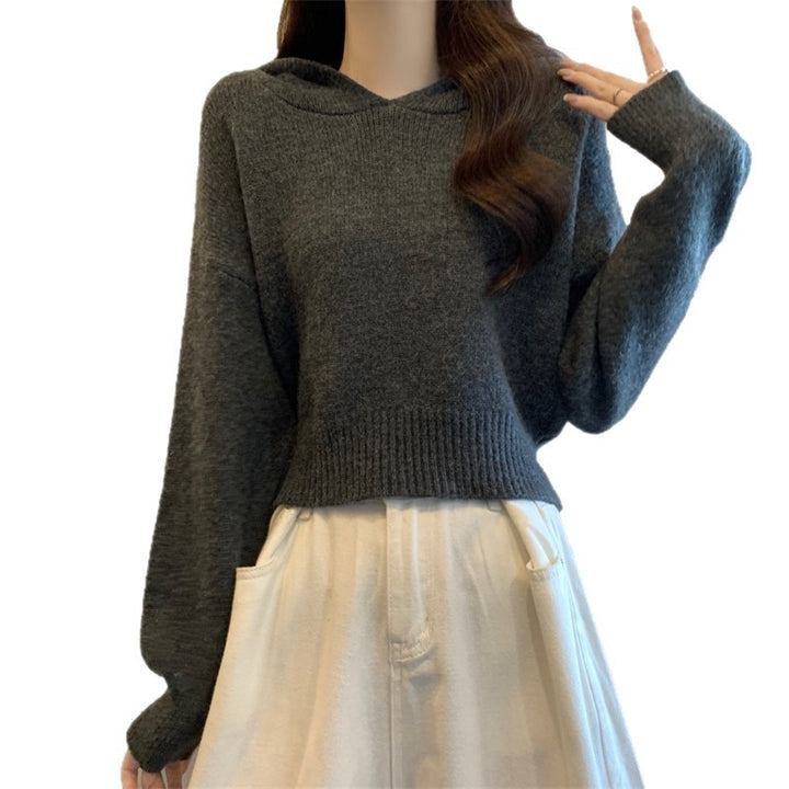 Damen lässiger Strickpullover mit Kapuze und lockeren Ärmeln Drune