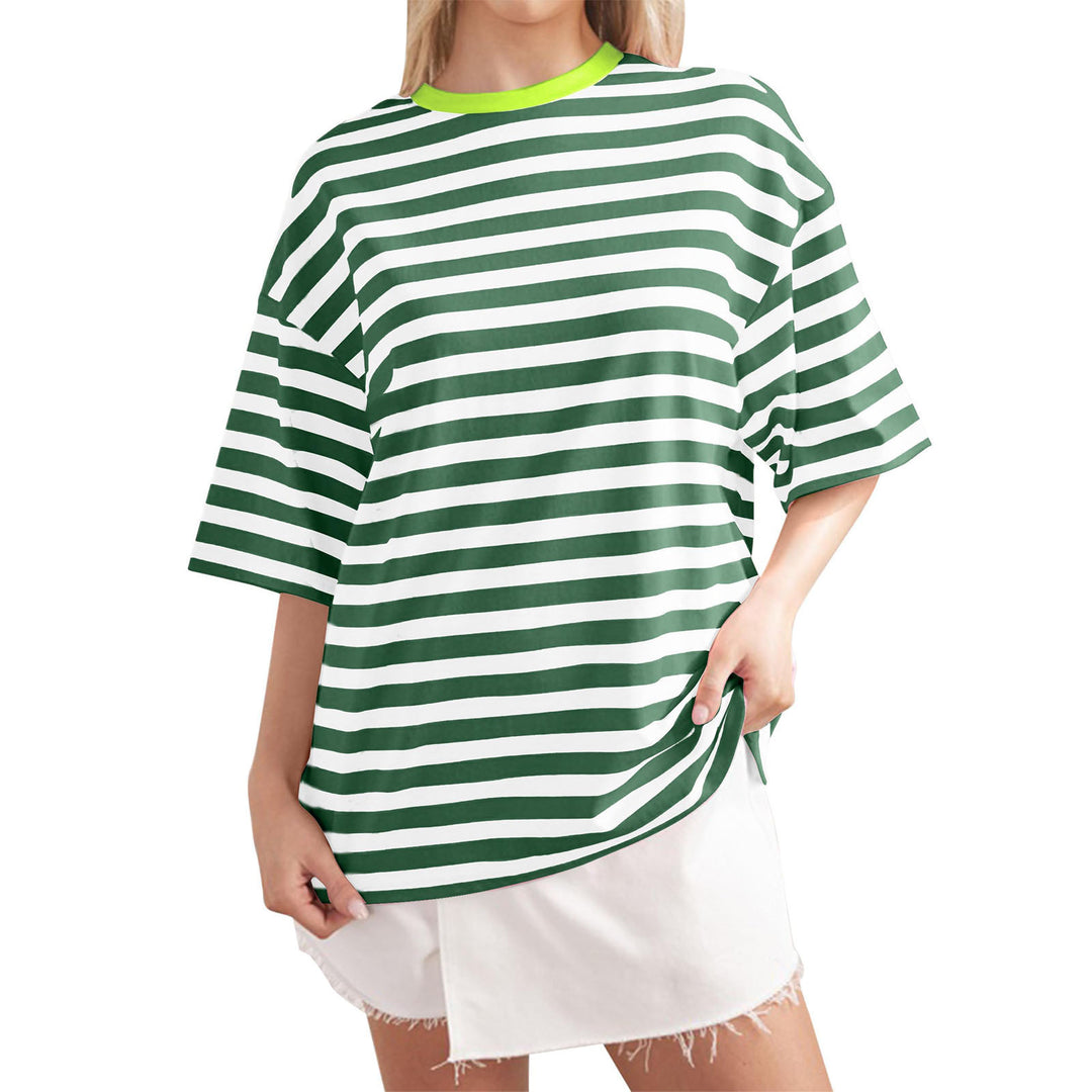 Damen Oversized gestreiftes T-Shirt mit Rundhalsausschnitt und kurzen Ärmeln Drune