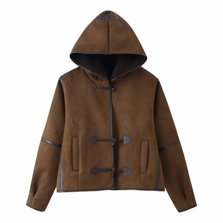 Damen elegante Kunstlederjacke mit Kapuze und warmem Innenfutter Drune
