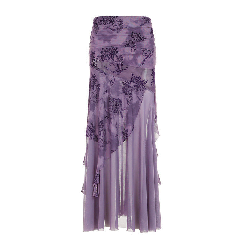 Damen eleganter asymmetrischer Maxirock mit floralen Verzierungen Drune