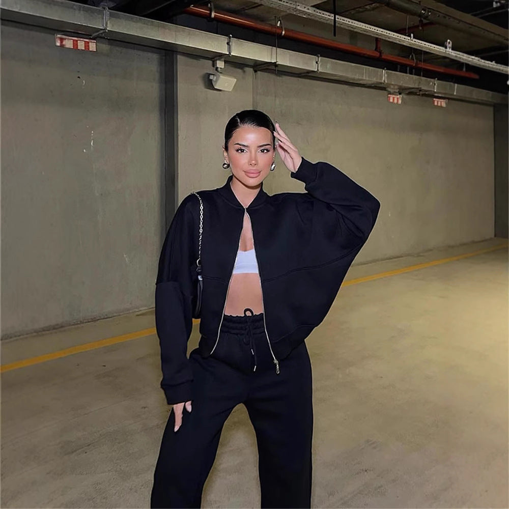 Damen nan Oversize Reißverschlussjacke mit weiter High-Waist Loungehose Set Drune