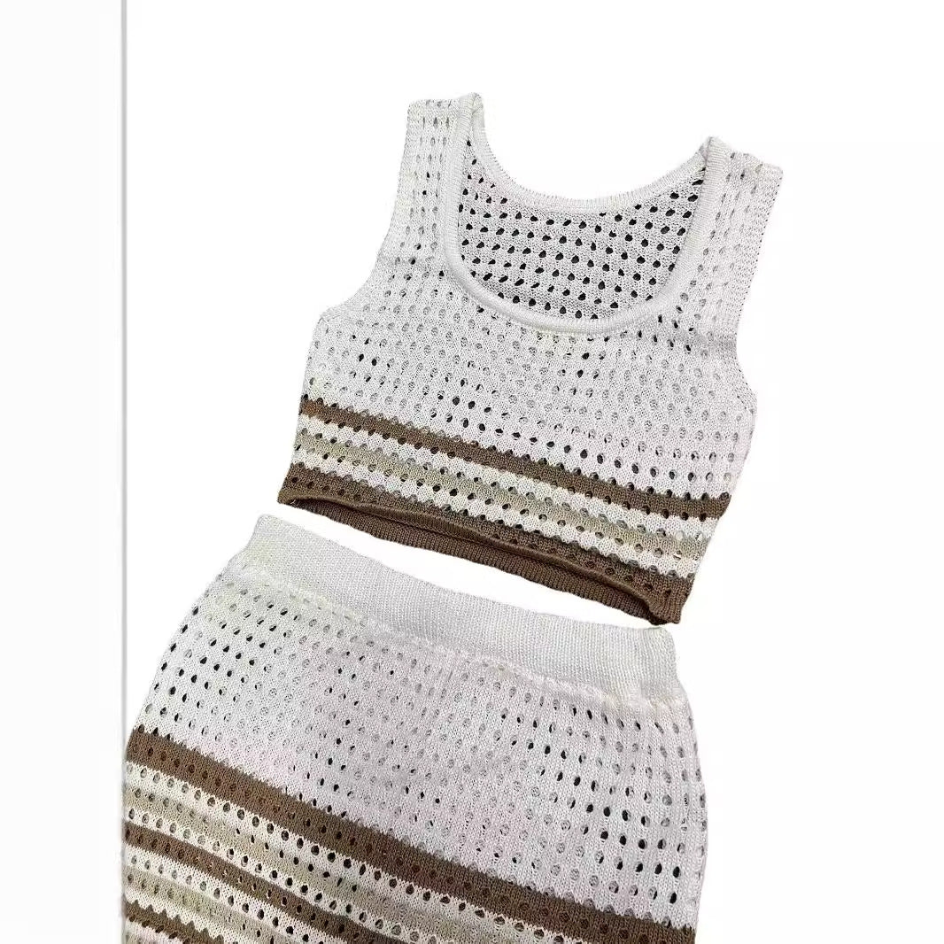 Damen elegantes gestricktes Zweiteiler-Set mit geometrischem Lochdesign Drune
