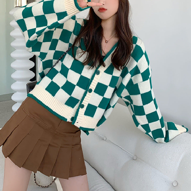 Damen Grobstrickjacke mit Karomuster und bequemen Knopfdetails Drune