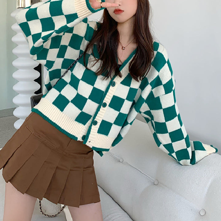 Damen Grobstrickjacke mit Karomuster und bequemen Knopfdetails Drune