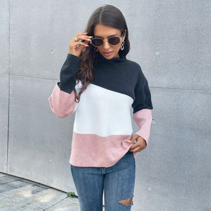 Damen Strickpullover mit modernem Farbblock-Design und hohem Kragen Drune