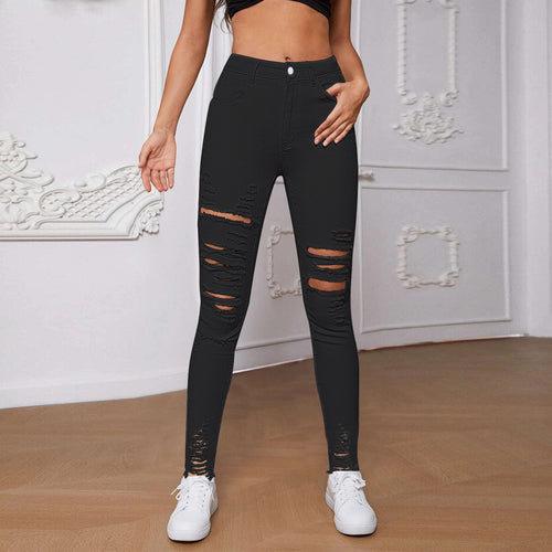 Damen hoch geschnittene Skinny Jeans mit trendigen Rissdetails und figurformendem Design Drune