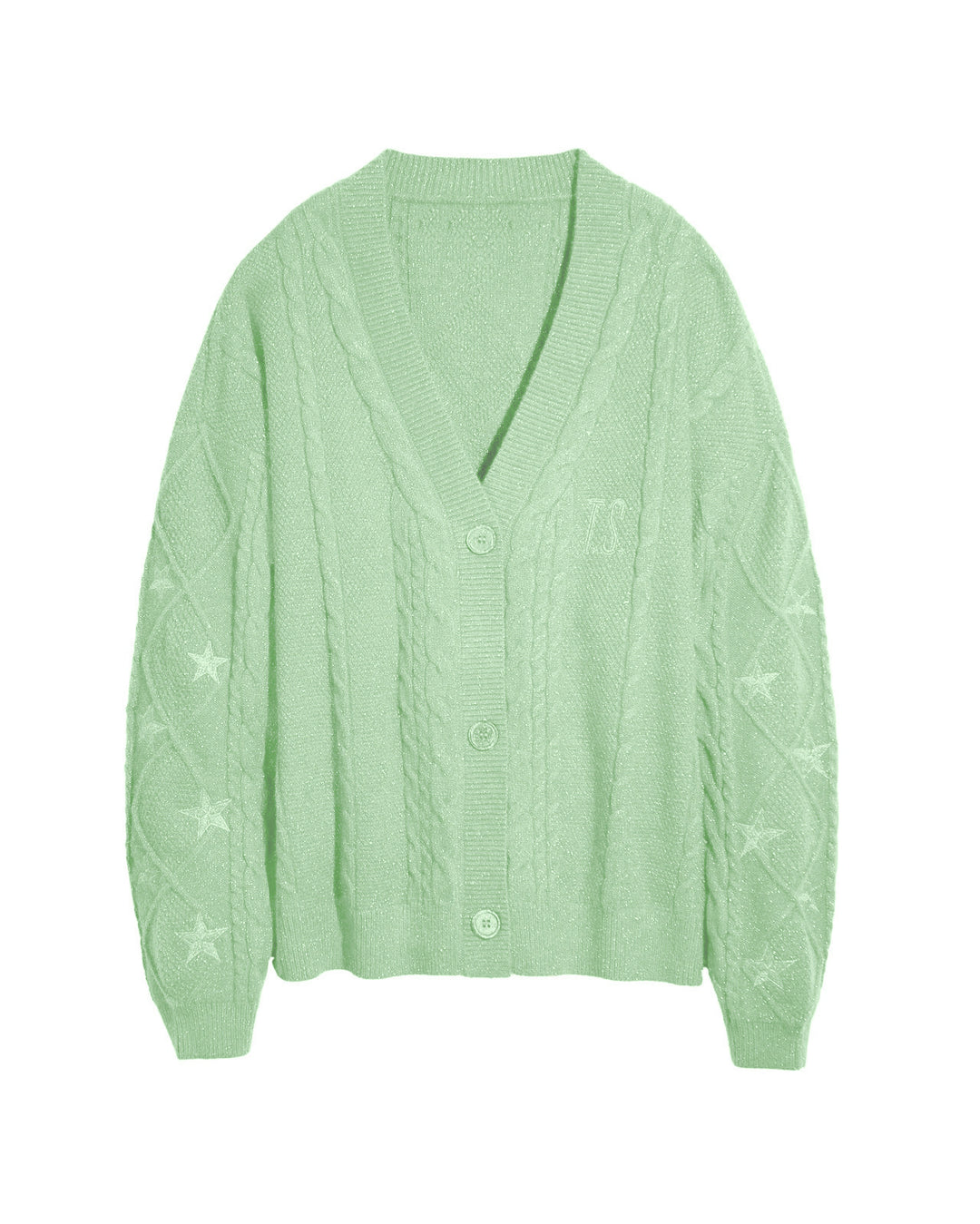 Damen nan großzügiger Grobstrick-Cardigan mit Zopfmuster, V-Ausschnitt und Sternstickereien Drune