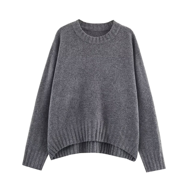 Damen modischer Oversize-Strickpullover mit Rundhalsausschnitt und Rippbündchen Drune