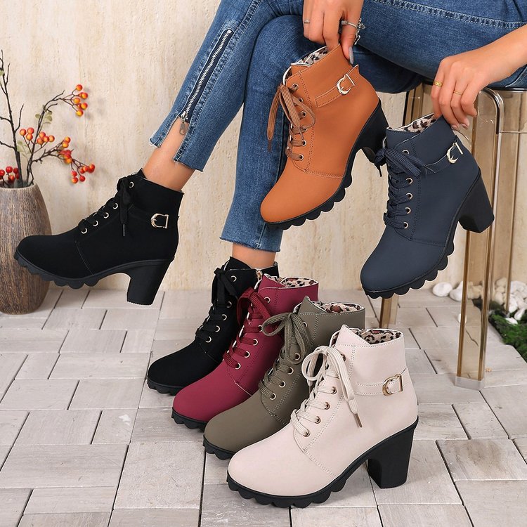 Damen nan knöchelhohe Schnür-Stiefelette mit seitlichem Reißverschluss, dekorativer Gürtelschlaufe, mittelhohem Blockabsatz und profilstarker Laufsohle Drune