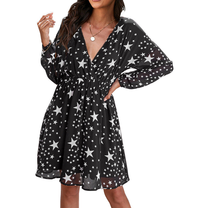 Damen Kleid mit tiefem V-Ausschnitt und modischem Sternenmuster Drune