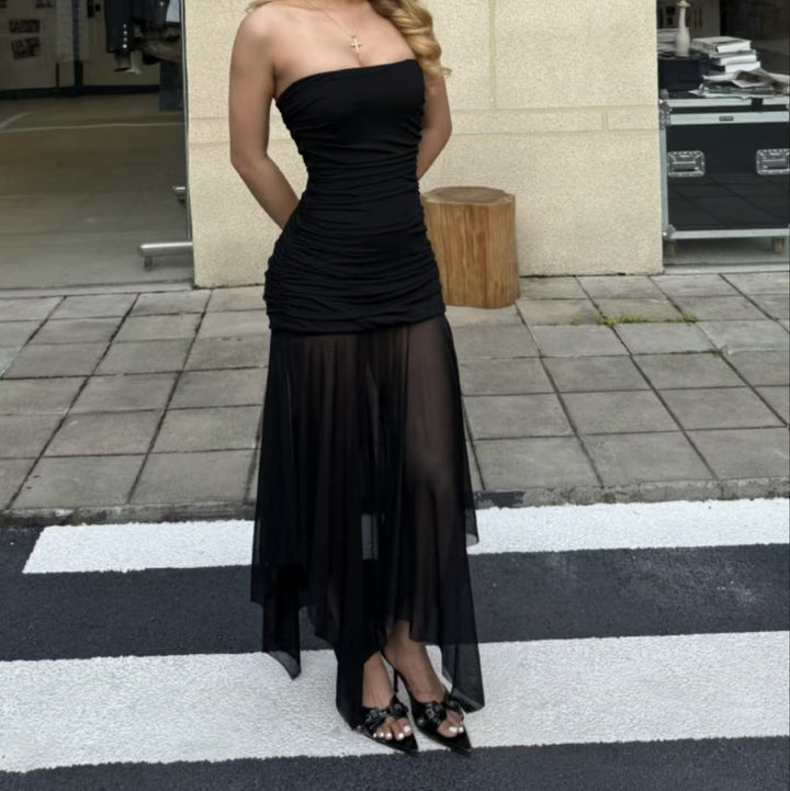 Damen Strapless Maxikleid mit eleganter Raffung und transparentem Rock Drune