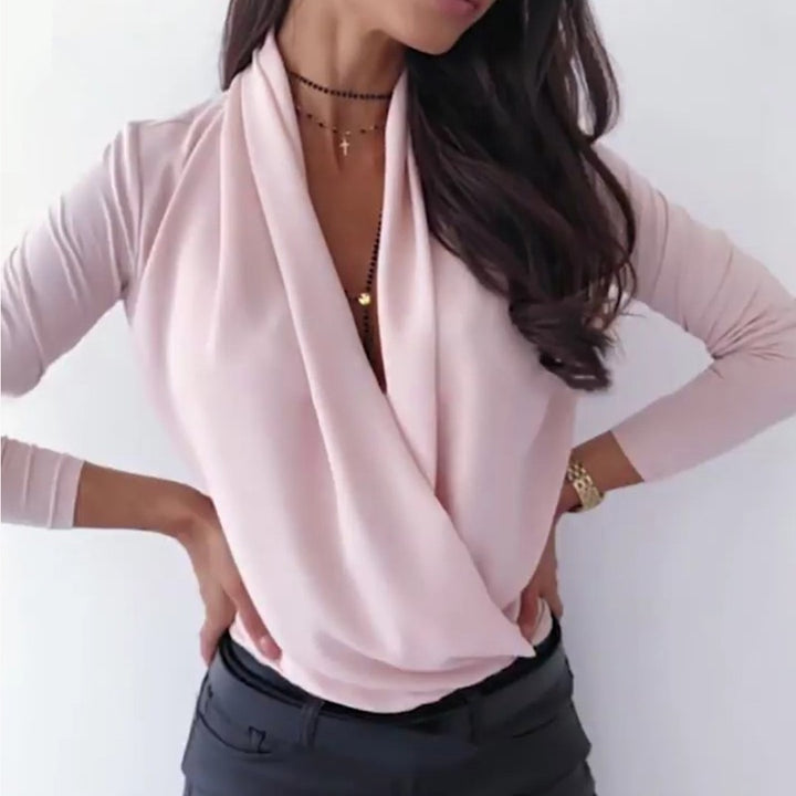 Damen Wickelbluse mit tiefem V-Ausschnitt und eleganten langen Ärmeln Drune