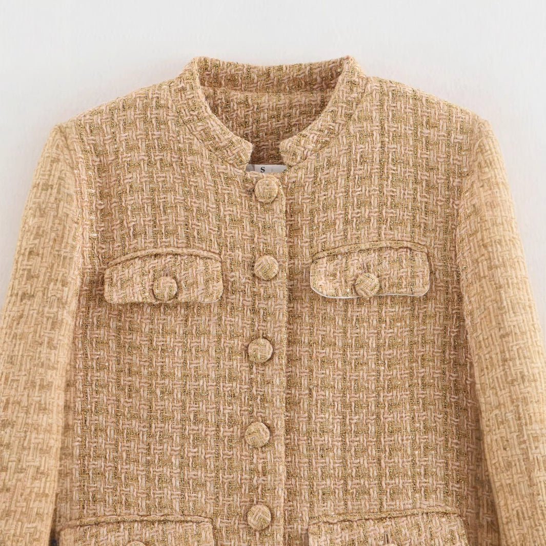 Damen elegante Blazerjacke im klassischen Tweed-Stil mit Knopfdetails Drune