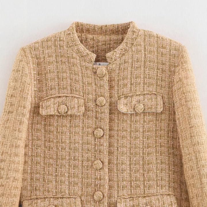 Damen elegante Blazerjacke im klassischen Tweed-Stil mit Knopfdetails Drune