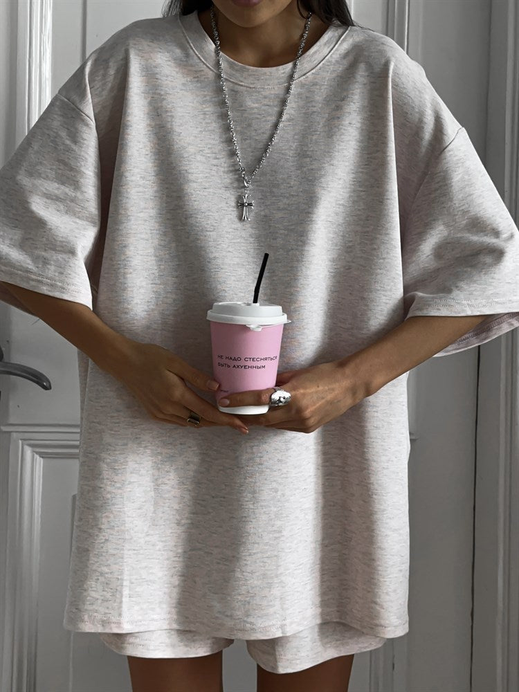 Damen Lässiges Zweiteiler-Set aus oversized T-Shirt und Shorts Drune