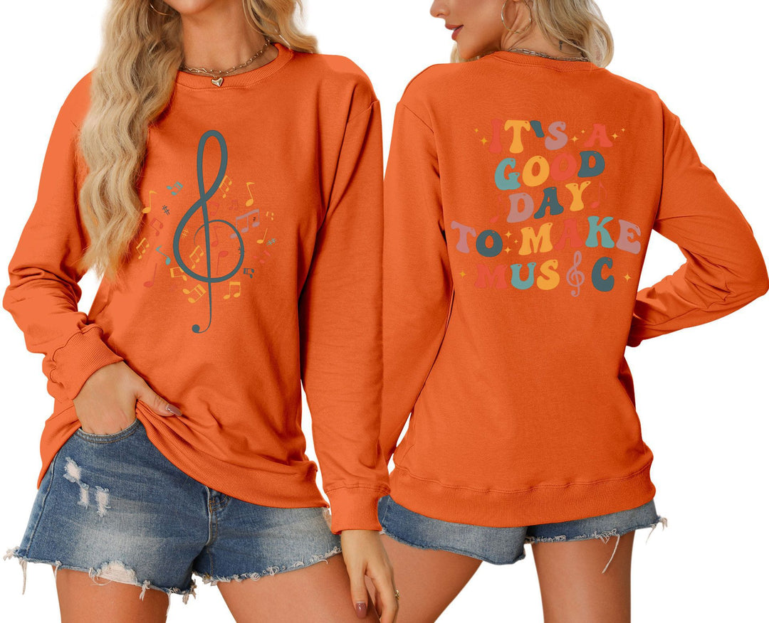 Damen Sweatshirt mit musikalischem Motiv und kreativem Schriftzug Drune