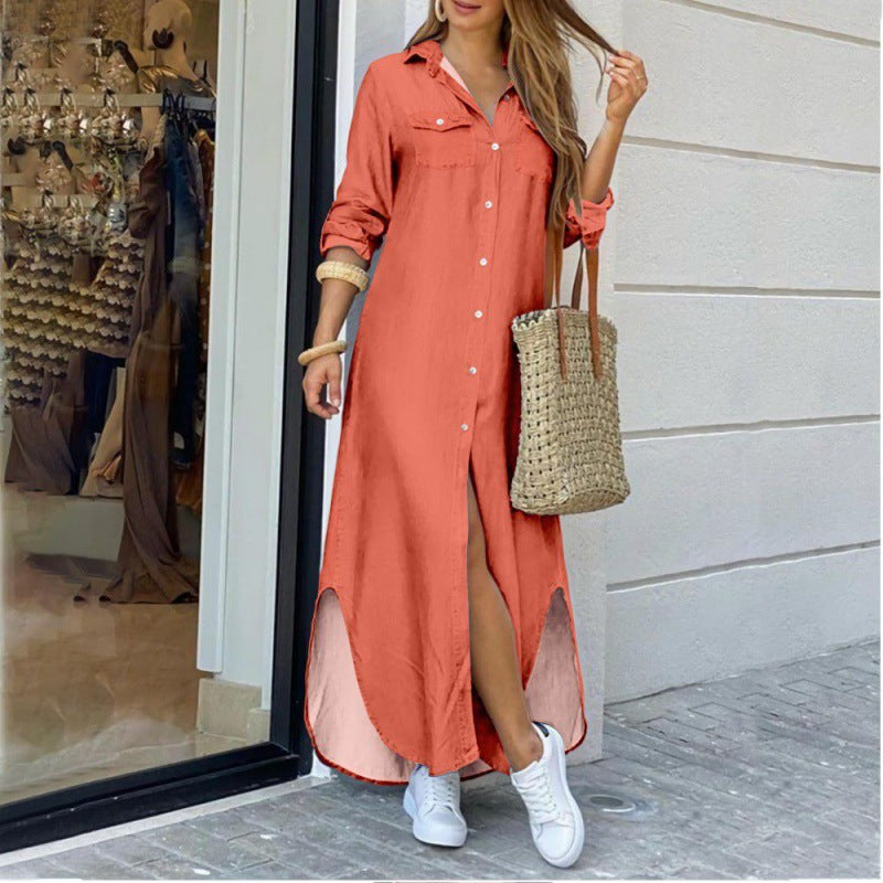 Damen Hemdkleid mit elegantem Schlitz und praktischen Taschen Drune