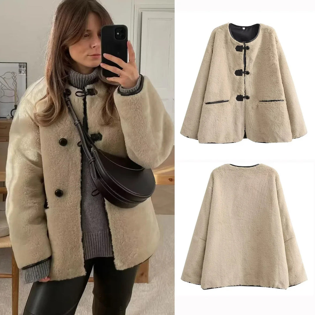 Damen nan kurz geschnittene Teddyjacke mit Knebelverschluss, runder Halslinie und kontrastierenden Kanten Drune