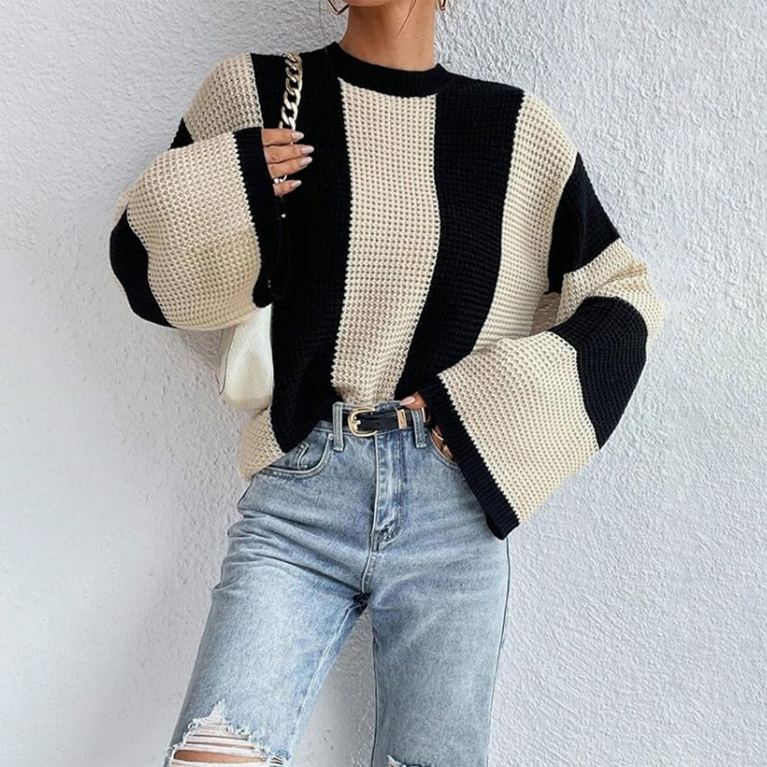 Damen lässiger Grobstrickpullover mit weitem Schnitt und Blockstreifen Drune