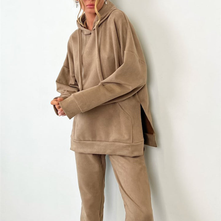 Damen kuscheliges Fleece-Loungewear-Set mit Kapuze und elastischem Bund Drune