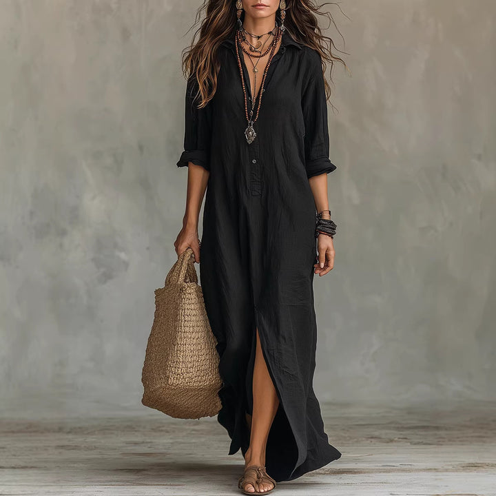 Damen Langes Hemdkleid mit Knopfverschluss und seitlichem Schlitz Drune