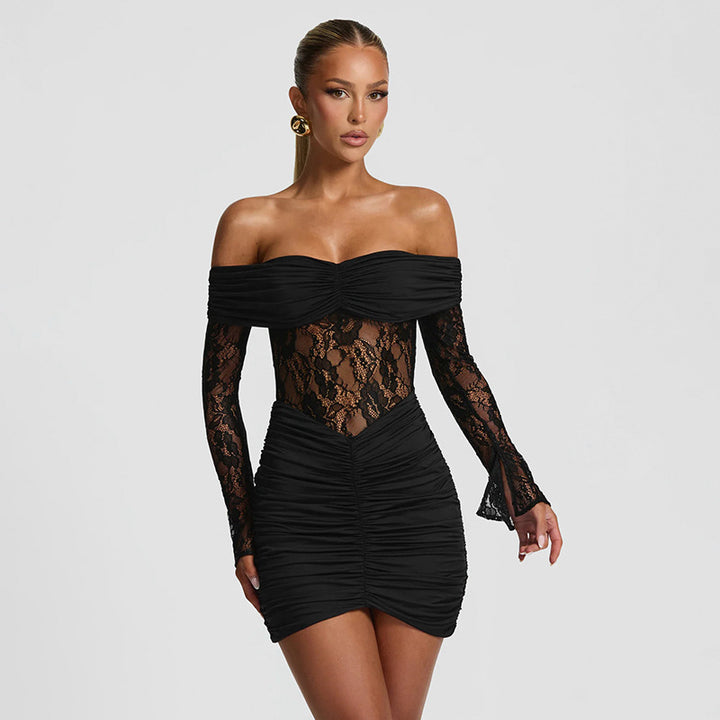 Damen elegantes Spitzenkleid mit Off-Shoulder-Ausschnitt und Raffungen Drune
