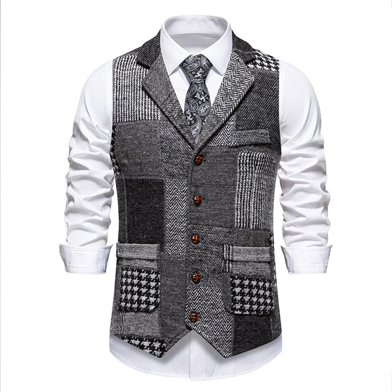 Herren nan Patchwork Weste mit Reverskragen Knopfleiste und aufgesetzten Taschen Drune