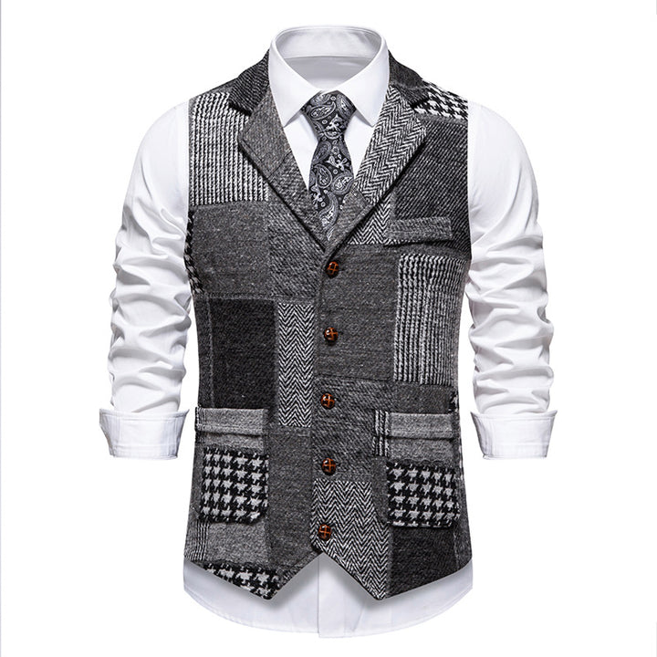 Herren nan Patchwork Weste mit Reverskragen Knopfleiste und aufgesetzten Taschen Drune